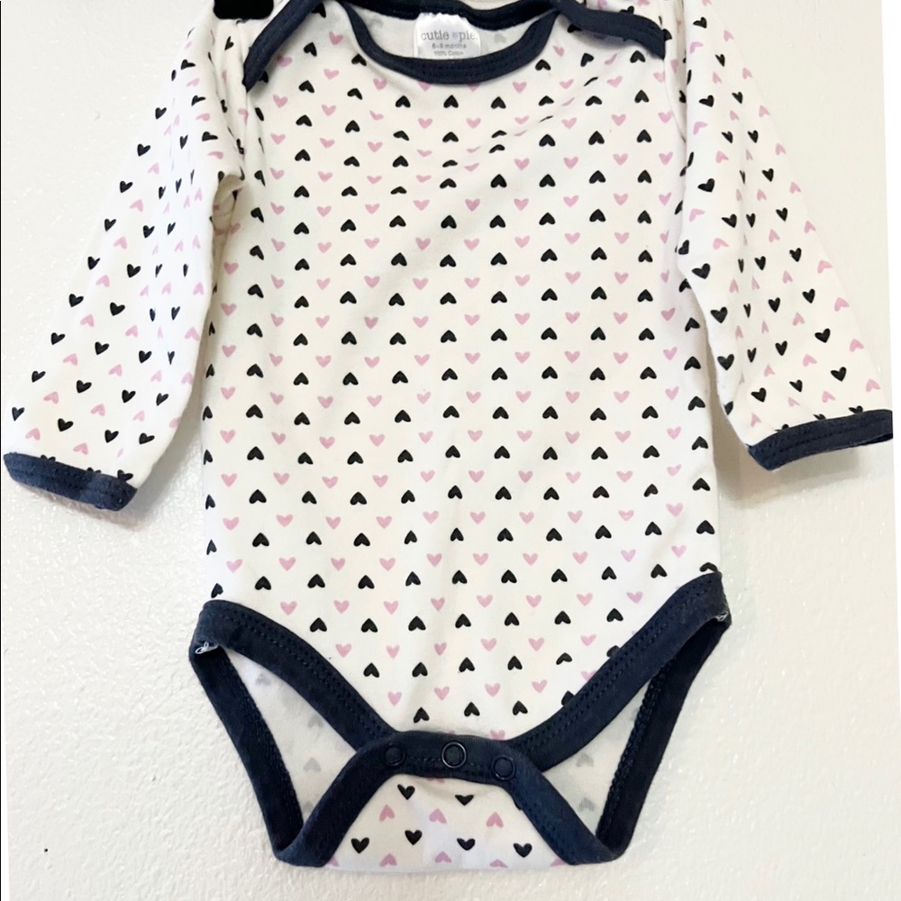 Cutie Pie- onesie, white w/pink & black hearts, size 6-9 mos (more like 3 mos)